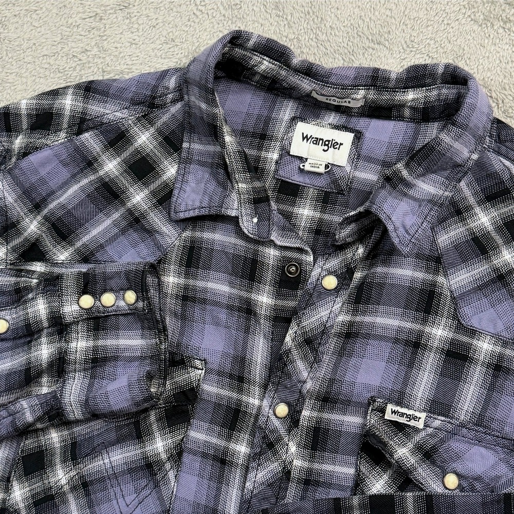Wrangler Mens XL Regular Fit Purple Plaid Western Pearl Snap Flannel Shirt